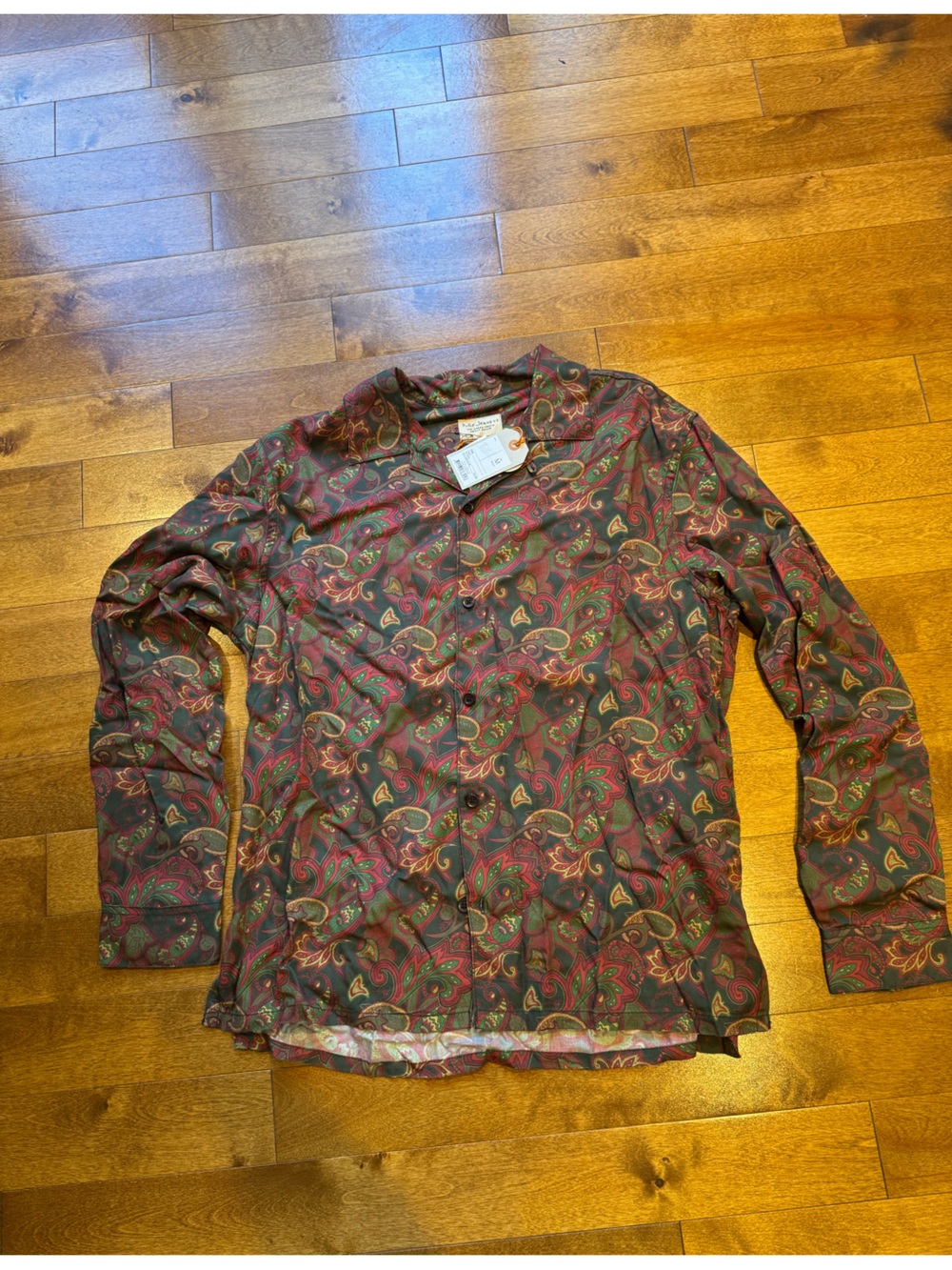 Nudie Jeans Paisley Button-Down Shirt in Burgundy, Green and Gold